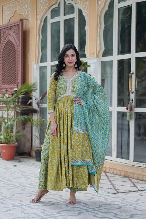 Azorte Fashion Pure Cotton Ready-to-Wear Kurti with Pant & Dupatta – Fancy V Neck, Full Sleeves - XXL