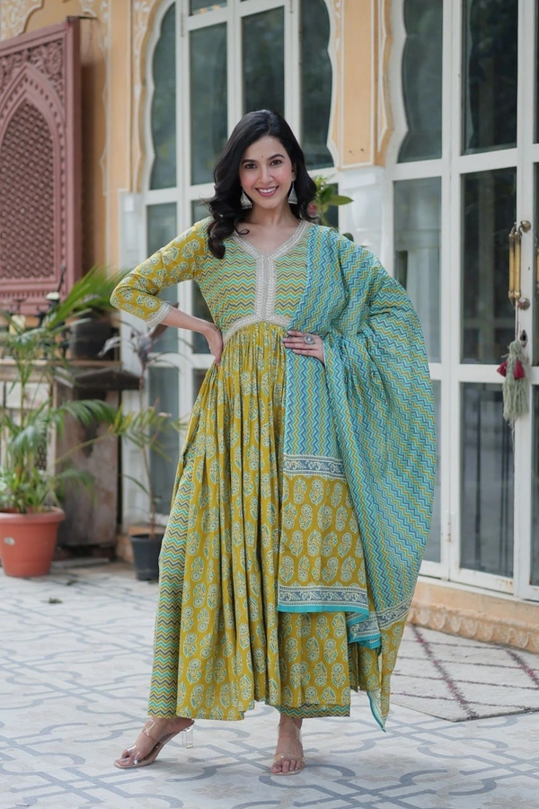 Azorte Fashion Pure Cotton Ready-to-Wear Kurti with Pant & Dupatta – Fancy V Neck, Full Sleeves - XXL