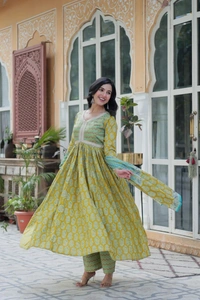 Azorte Fashion Pure Cotton Ready-to-Wear Kurti with Pant & Dupatta – Fancy V Neck, Full Sleeves - XXL