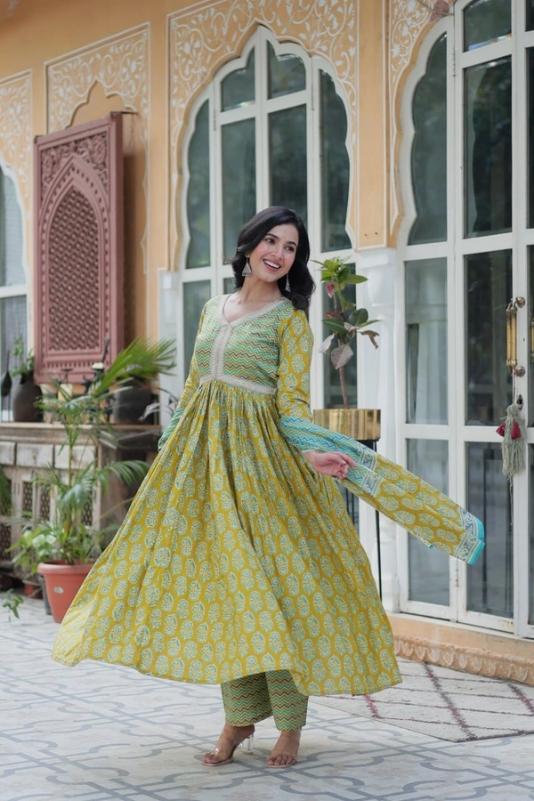 Azorte Fashion Pure Cotton Ready-to-Wear Kurti with Pant & Dupatta – Fancy V Neck, Full Sleeves - XXL