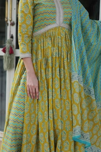 Azorte Fashion Pure Cotton Ready-to-Wear Kurti with Pant & Dupatta – Fancy V Neck, Full Sleeves - XXL