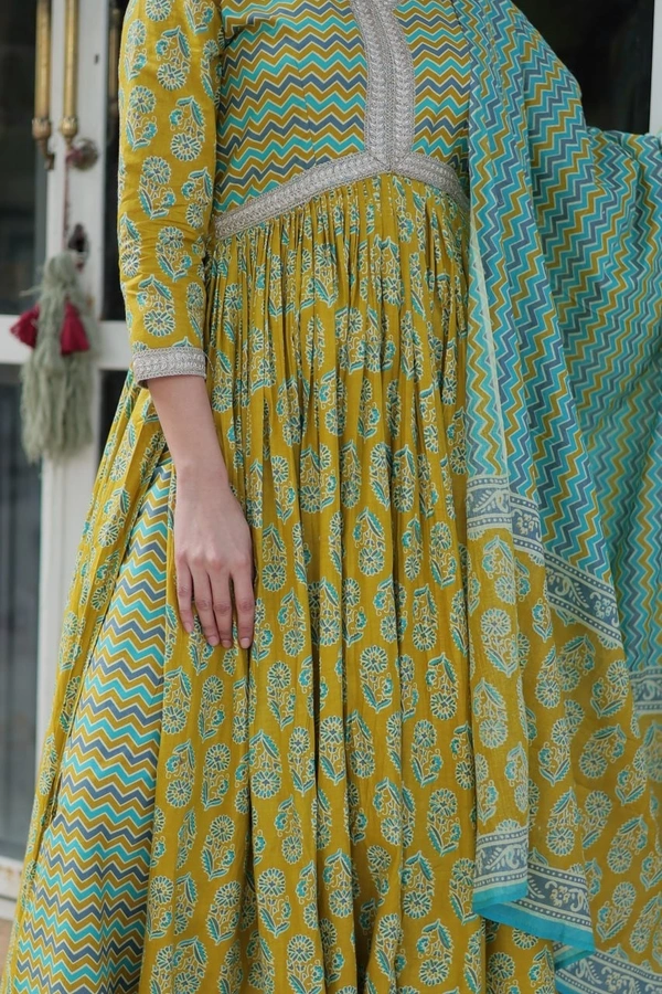 Azorte Fashion Pure Cotton Ready-to-Wear Kurti with Pant & Dupatta – Fancy V Neck, Full Sleeves - XXL