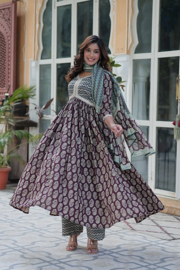 Azorte Fashion Pure Cotton Ready-to-Wear Kurti with Pant & Dupatta – Fancy V Neck, Full Sleeves - XXL
