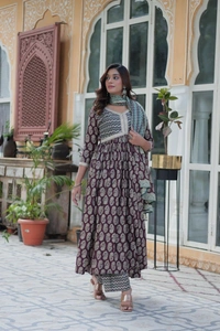 Azorte Fashion Pure Cotton Ready-to-Wear Kurti with Pant & Dupatta – Fancy V Neck, Full Sleeves - XXL