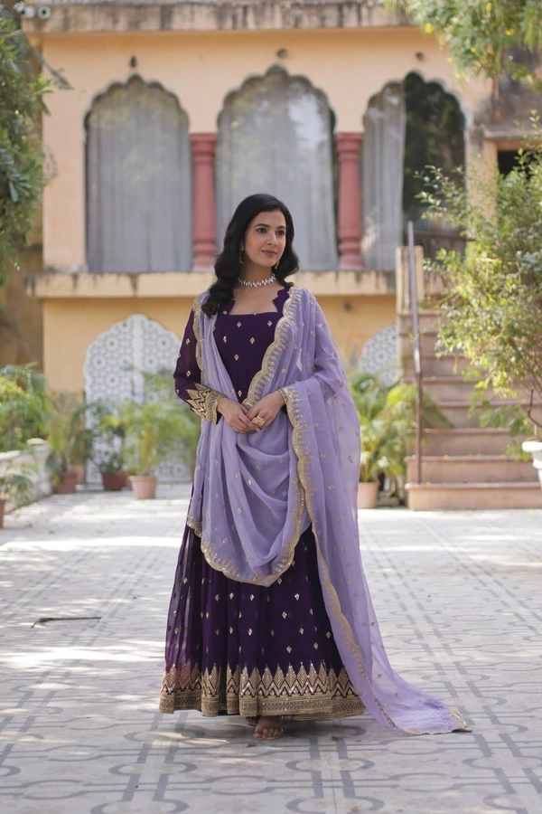 Azorte Fashion  Designer Faux Blooming Gown with Zari Sequins Work & Tabby Silk Embroidered Dupatta - L