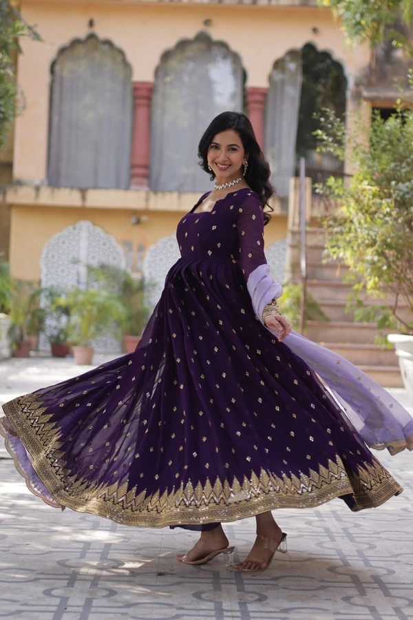 Azorte Fashion  Designer Faux Blooming Gown with Zari Sequins Work & Tabby Silk Embroidered Dupatta - L