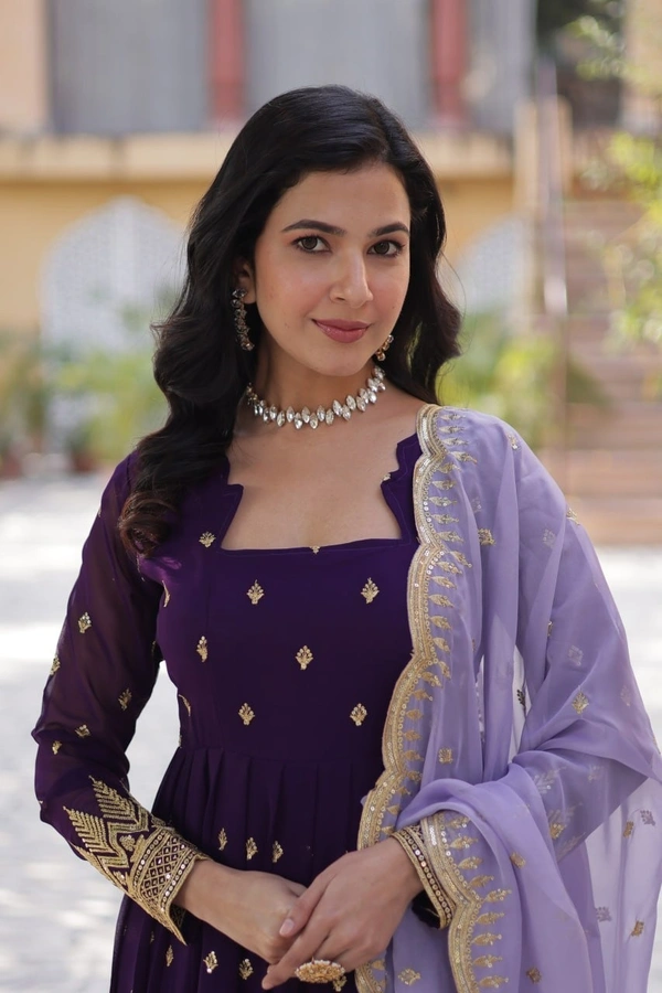 Azorte Fashion  Designer Faux Blooming Gown with Zari Sequins Work & Tabby Silk Embroidered Dupatta - L