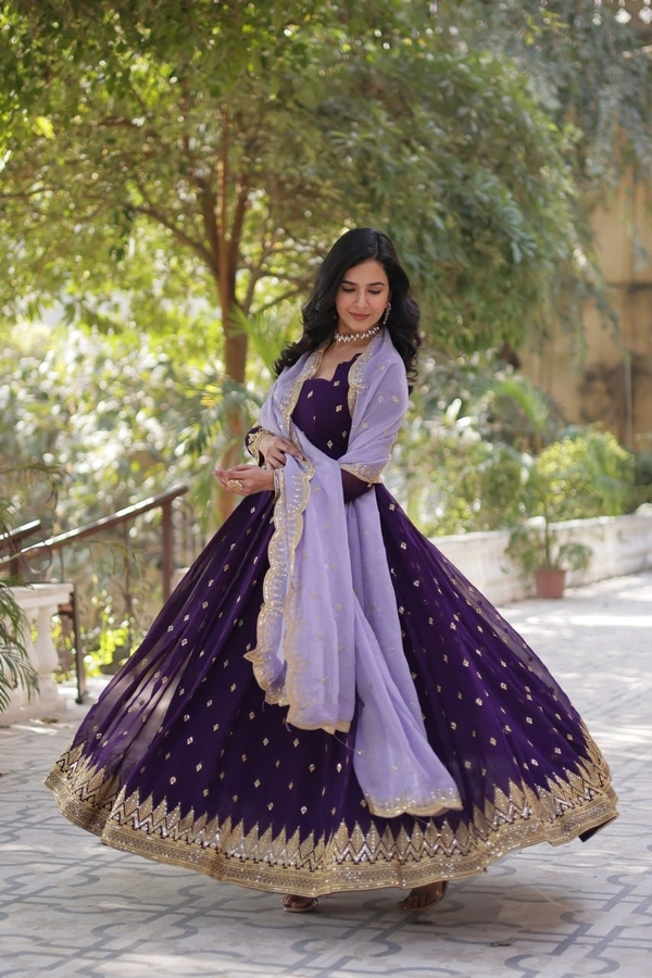 Azorte Fashion  Designer Faux Blooming Gown with Zari Sequins Work & Tabby Silk Embroidered Dupatta - L