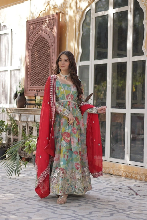 Azorte Fashion  Premium Readymade Alia Cut Gown in Russian Silk with Sequins Embroidered Dupatta - M