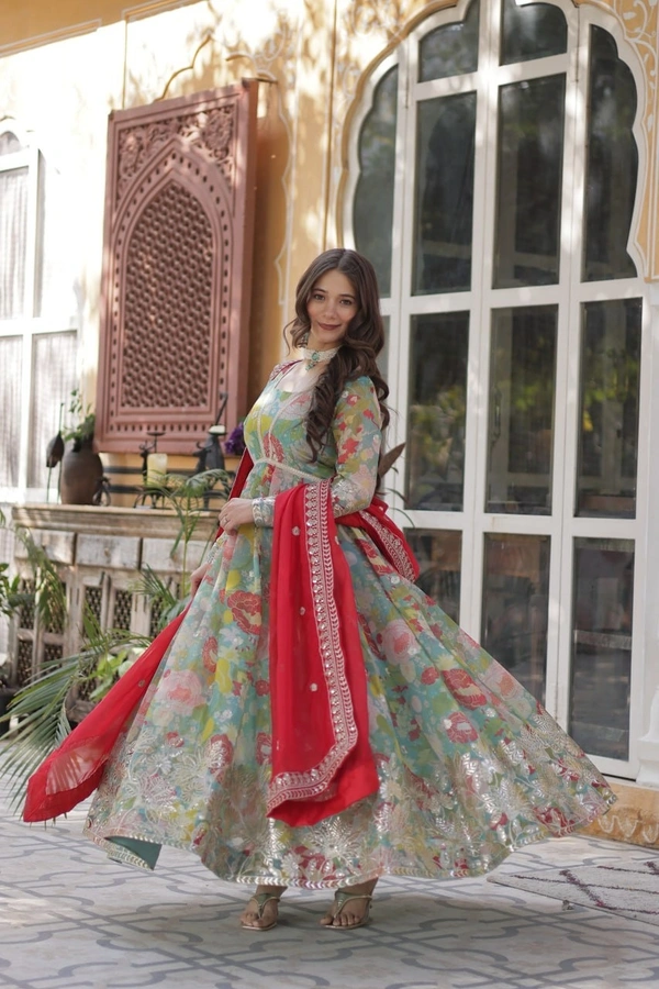 Azorte Fashion  Premium Readymade Alia Cut Gown in Russian Silk with Sequins Embroidered Dupatta - M