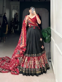 Azorte fashion Premium Patola Print Tussar Silk Lehenga Choli with Dupatta & Gotta Patti Border - BLK, Stitched, Unstitched