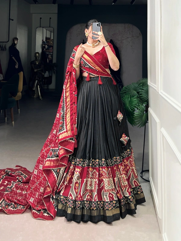 Azorte fashion Premium Patola Print Tussar Silk Lehenga Choli with Dupatta & Gotta Patti Border - BLK, Stitched, Unstitched