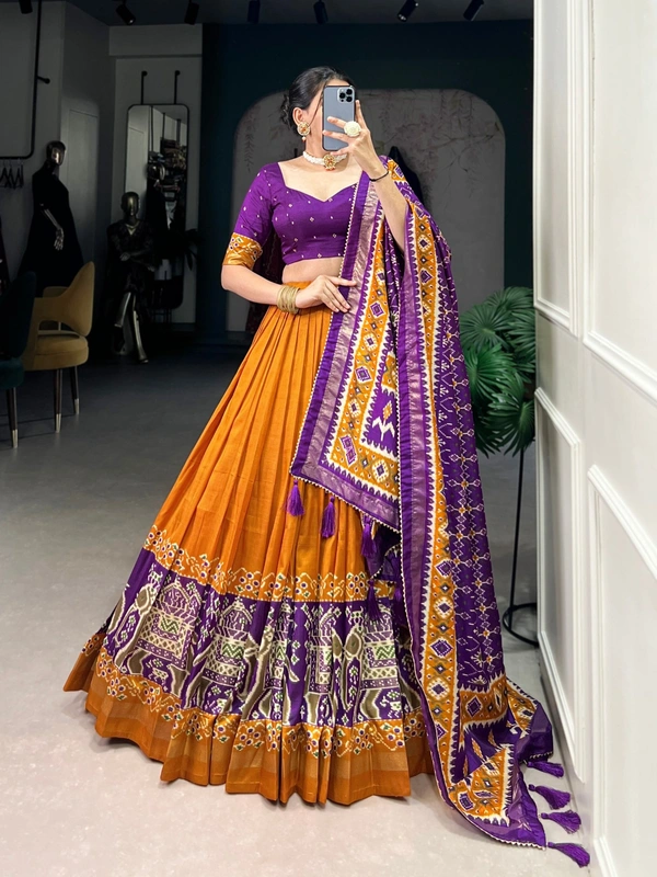 Azorte fashion Premium Patola Print Tussar Silk Lehenga Choli with Dupatta & Gotta Patti Border - SEA, Stitched, Unstitched