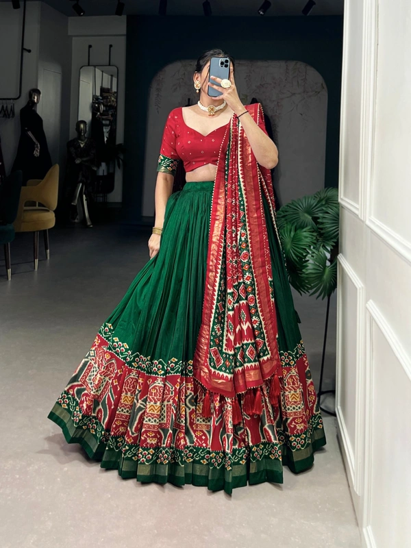 Azorte fashion Premium Patola Print Tussar Silk Lehenga Choli with Dupatta & Gotta Patti Border - GRN, Stitched, Unstitched