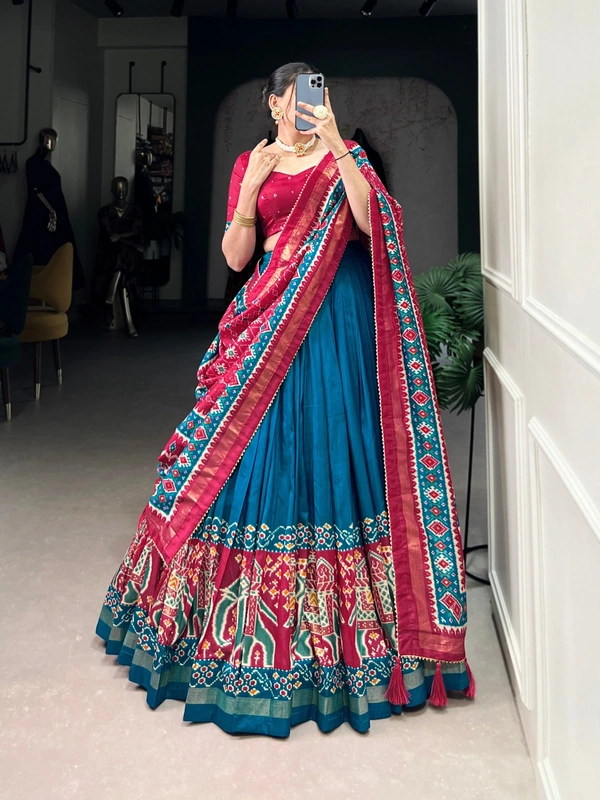 Azorte fashion Premium Patola Print Tussar Silk Lehenga Choli with Dupatta & Gotta Patti Border - ALT, Stitched, Unstitched
