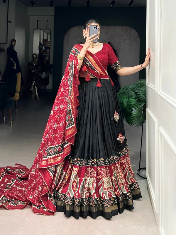 Azorte fashion Premium Patola Print Tussar Silk Lehenga Choli with Dupatta & Gotta Patti Border - BLK, Stitched, Unstitched