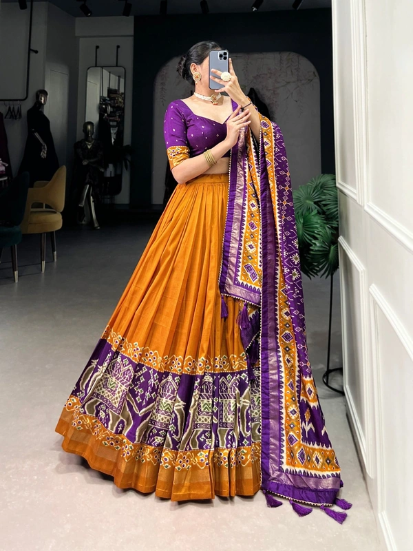 Azorte fashion Premium Patola Print Tussar Silk Lehenga Choli with Dupatta & Gotta Patti Border - SEA, Stitched, Unstitched