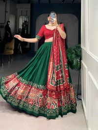 Azorte fashion Premium Patola Print Tussar Silk Lehenga Choli with Dupatta & Gotta Patti Border - GRN, Stitched, Unstitched