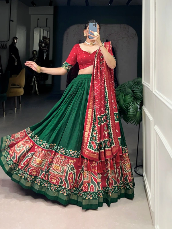 Azorte fashion Premium Patola Print Tussar Silk Lehenga Choli with Dupatta & Gotta Patti Border - GRN, Stitched, Unstitched