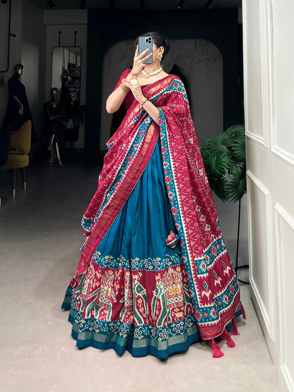 Azorte fashion Premium Patola Print Tussar Silk Lehenga Choli with Dupatta & Gotta Patti Border - ALT, Stitched, Unstitched