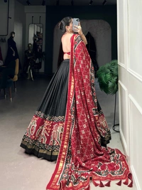 Azorte fashion Premium Patola Print Tussar Silk Lehenga Choli with Dupatta & Gotta Patti Border - BLK, Stitched, Unstitched