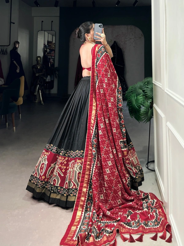 Azorte fashion Premium Patola Print Tussar Silk Lehenga Choli with Dupatta & Gotta Patti Border - BLK, Stitched, Unstitched
