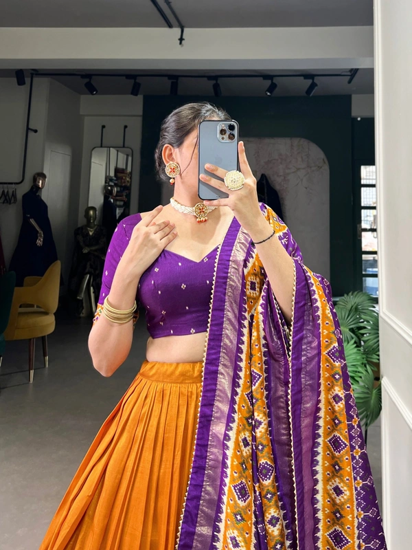 Azorte fashion Premium Patola Print Tussar Silk Lehenga Choli with Dupatta & Gotta Patti Border - SEA, Stitched, Unstitched