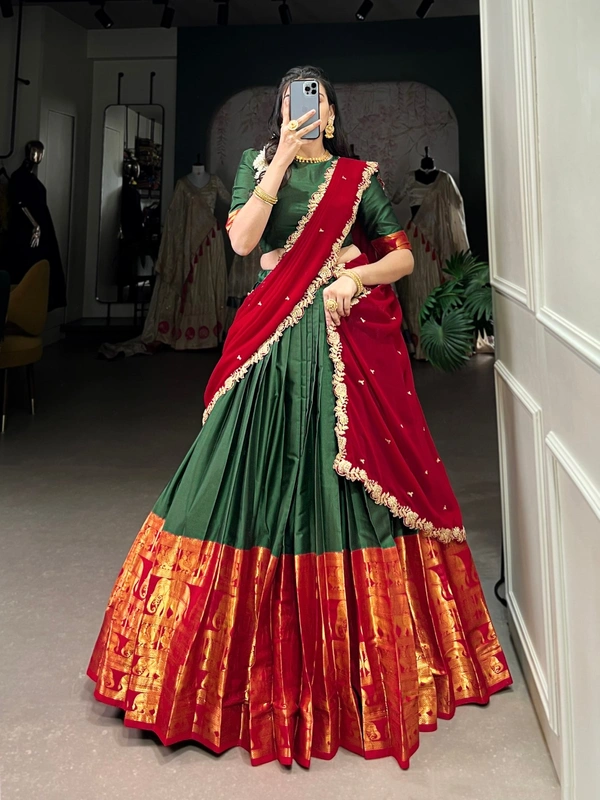 Azorte Fashion Elegant Narayan Pattu Zari Weaving Lehenga Choli with Dupatta - TOM, Stitched, Unstitched