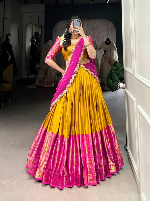 Azorte Fashion Elegant Narayan Pattu Zari Weaving Lehenga Choli with Dupatta - IND, Stitched, Unstitched
