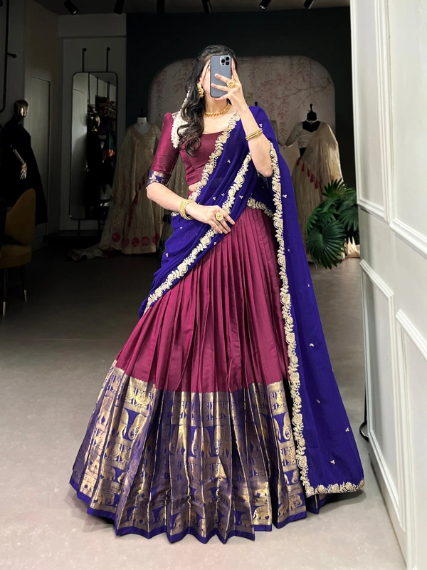 Azorte Fashion Elegant Narayan Pattu Zari Weaving Lehenga Choli with Dupatta - VIN, Stitched, Unstitched