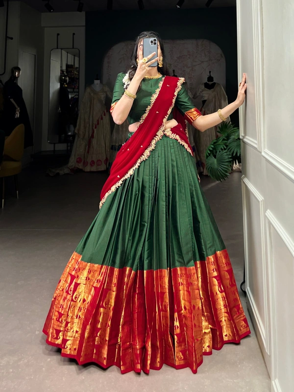 Azorte Fashion Elegant Narayan Pattu Zari Weaving Lehenga Choli with Dupatta - TOM, Stitched, Unstitched
