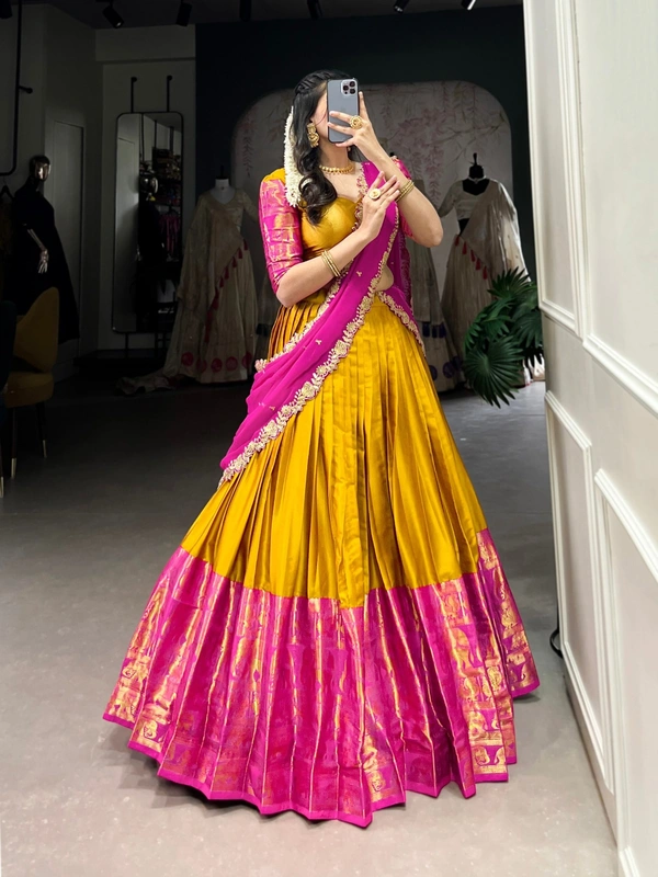 Azorte Fashion Elegant Narayan Pattu Zari Weaving Lehenga Choli with Dupatta - IND, Stitched, Unstitched