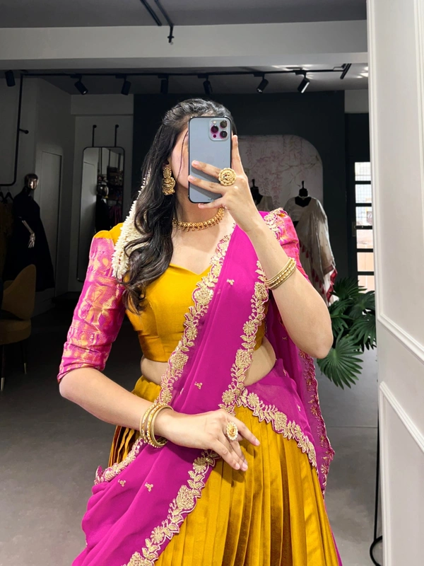 Azorte Fashion Elegant Narayan Pattu Zari Weaving Lehenga Choli with Dupatta - IND, Stitched, Unstitched