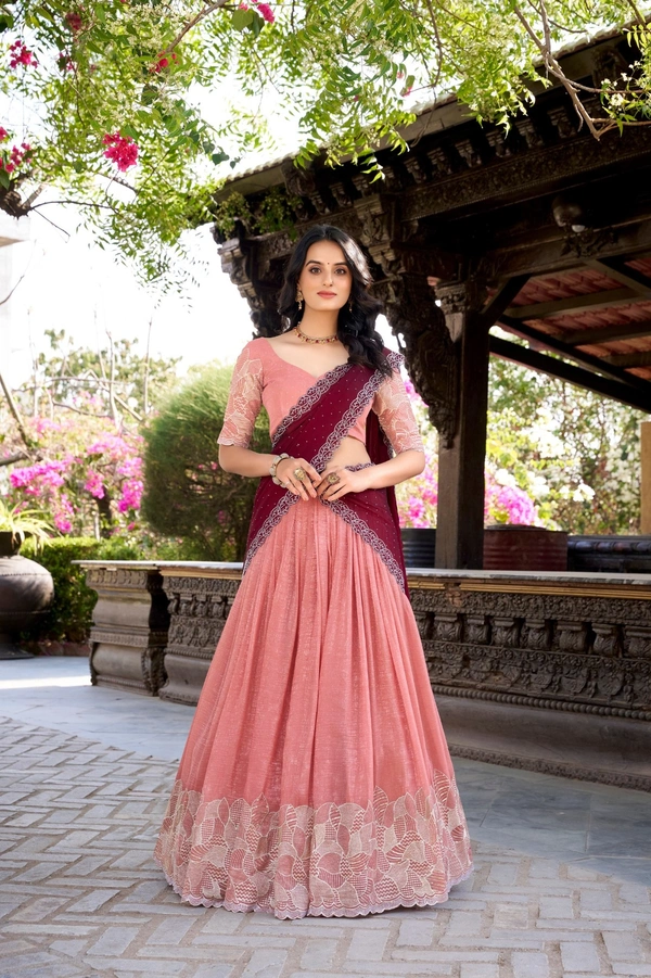 Azorte Fashion Glamorous Silver Glosy Lehenga Choli with Hotfix & Dupatta – Wedding Collection 2025 - PINK, Stitched, Unstitched