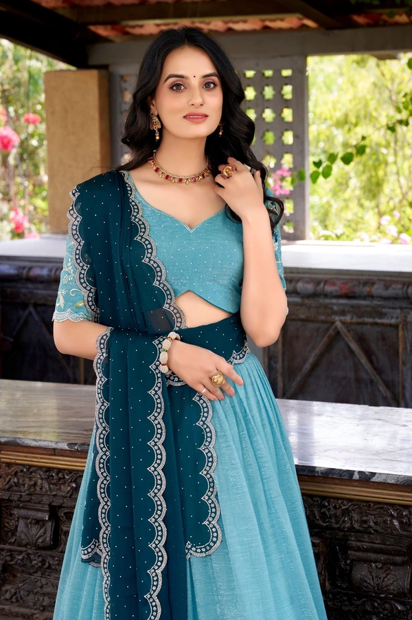 Azorte Fashion Glamorous Silver Glosy Lehenga Choli with Hotfix & Dupatta – Wedding Collection 2025 - GLA, Stitched, Unstitched
