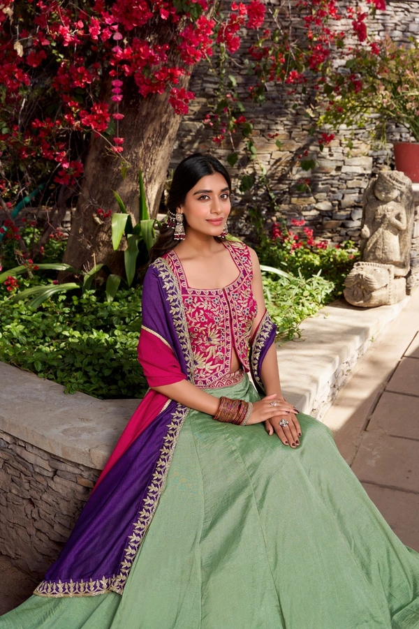 Azorte Fashion  Elegant Vichitra Silk Wedding Lehenga Choli Set with Embroidered Belt & Dupatta - Stitched, Unstitched