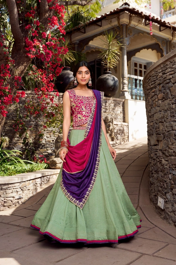Azorte Fashion  Elegant Vichitra Silk Wedding Lehenga Choli Set with Embroidered Belt & Dupatta - Stitched, Unstitched