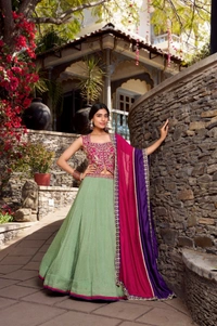 Azorte Fashion  Elegant Vichitra Silk Wedding Lehenga Choli Set with Embroidered Belt & Dupatta - Stitched, Unstitched