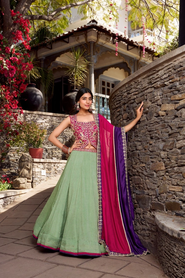 Azorte Fashion  Elegant Vichitra Silk Wedding Lehenga Choli Set with Embroidered Belt & Dupatta - Stitched, Unstitched