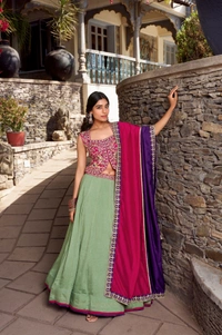 Azorte Fashion  Elegant Vichitra Silk Wedding Lehenga Choli Set with Embroidered Belt & Dupatta - Stitched, Unstitched