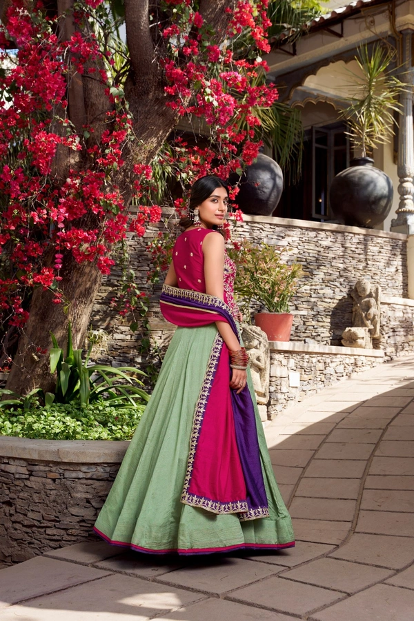Azorte Fashion  Elegant Vichitra Silk Wedding Lehenga Choli Set with Embroidered Belt & Dupatta - Stitched, Unstitched