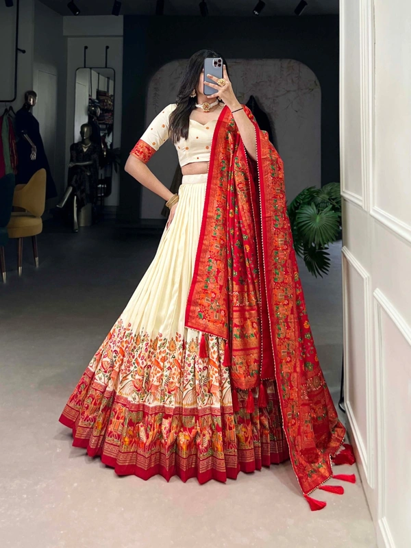 Azorte Fashion Traditional Tussar Silk Lehenga Choli Set with Foil Print and Tassel Dupatta - WHT, Stitched, Unstitched