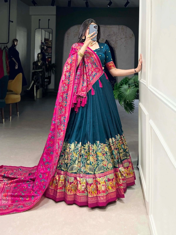 Azorte Fashion Traditional Tussar Silk Lehenga Choli Set with Foil Print and Tassel Dupatta - TARR, Stitched, Unstitched