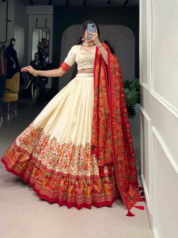 Azorte Fashion Traditional Tussar Silk Lehenga Choli Set with Foil Print and Tassel Dupatta - WHT, Stitched, Unstitched
