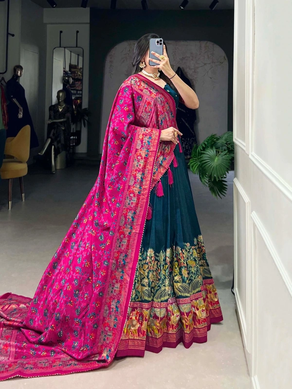 Azorte Fashion Traditional Tussar Silk Lehenga Choli Set with Foil Print and Tassel Dupatta - TARR, Stitched, Unstitched