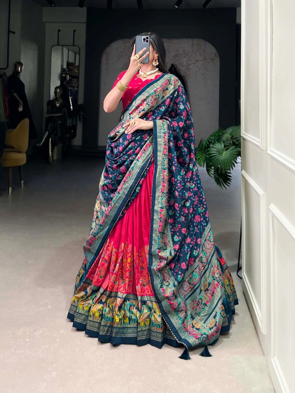 Azorte Fashion Traditional Tussar Silk Lehenga Choli Set with Foil Print and Tassel Dupatta - PNK, Stitched, Unstitched