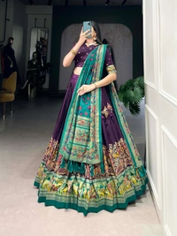 Azorte Fashion Traditional Tussar Silk Lehenga Choli Set with Foil Print and Tassel Dupatta - PRL, Stitched, Unstitched