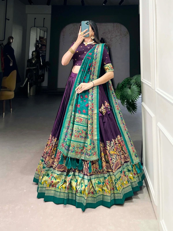 Azorte Fashion Traditional Tussar Silk Lehenga Choli Set with Foil Print and Tassel Dupatta - PRL, Stitched, Unstitched