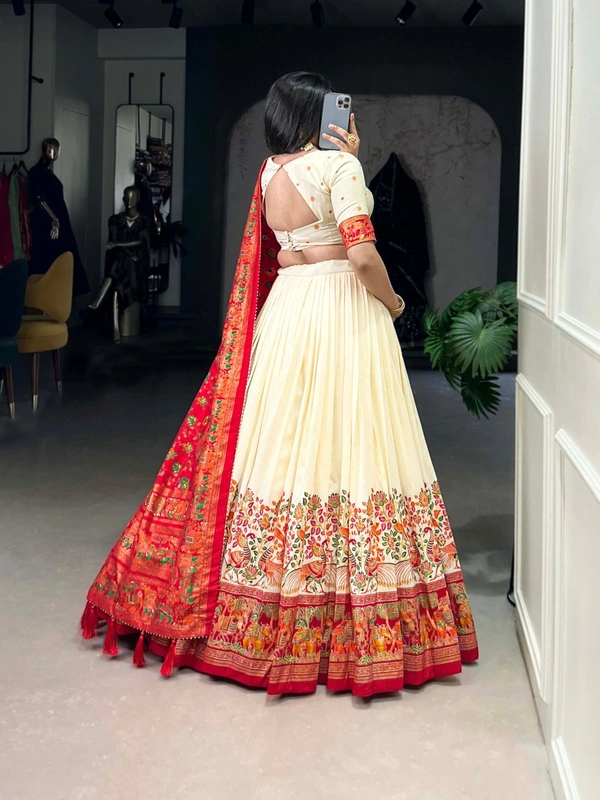 Azorte Fashion Traditional Tussar Silk Lehenga Choli Set with Foil Print and Tassel Dupatta - WHT, Stitched, Unstitched