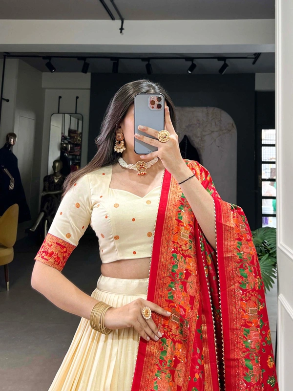 Azorte Fashion Traditional Tussar Silk Lehenga Choli Set with Foil Print and Tassel Dupatta - WHT, Stitched, Unstitched